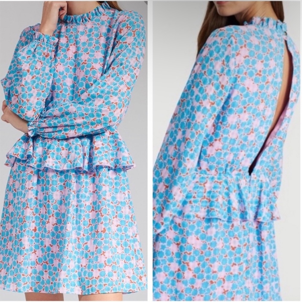 Stine Goya Women’s Christine Stardot Designer Blue Ruffle Mini Dress Open Back